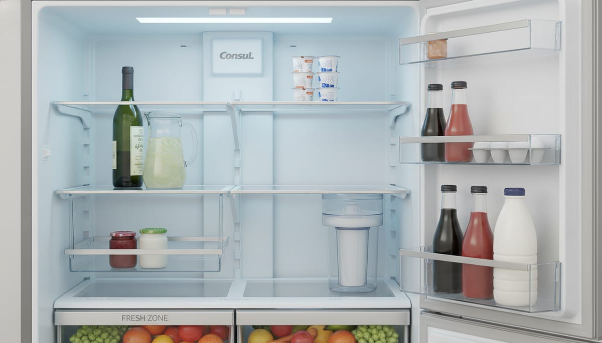 An image depicting the flexible shelving system inside a Consul refrigerator, showing how it can adj