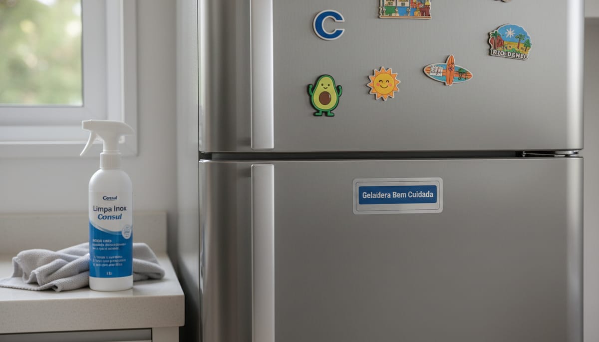 A visual showing a Consul refrigerator with some magnets on it and a cleaning product placed nearby,
