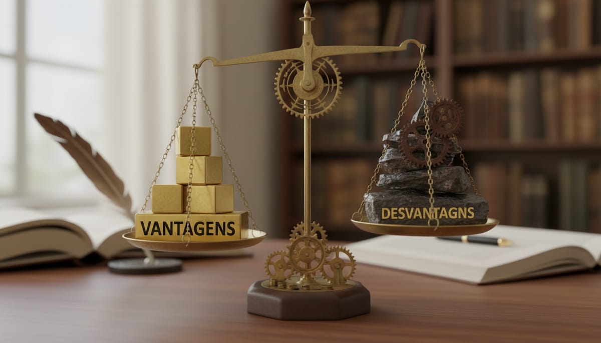 A balanced scale with the words 'Vantagens' (Advantages) on one side and 'Desvantagens' (Disadvantag